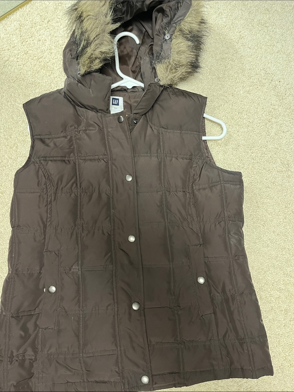 GAP Brown Quilted Hooded Puffer Vest with Faux-Fur Trim